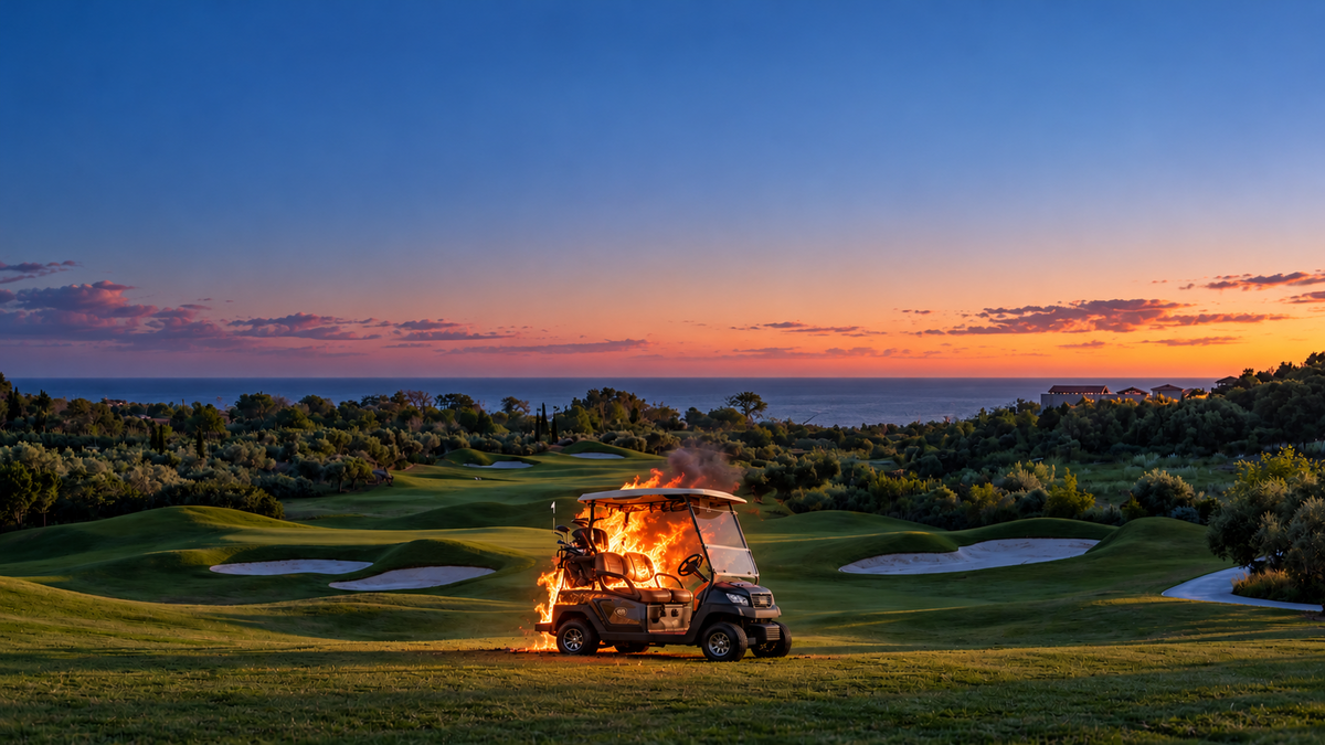 A burning golf cart on a golf course at dusk